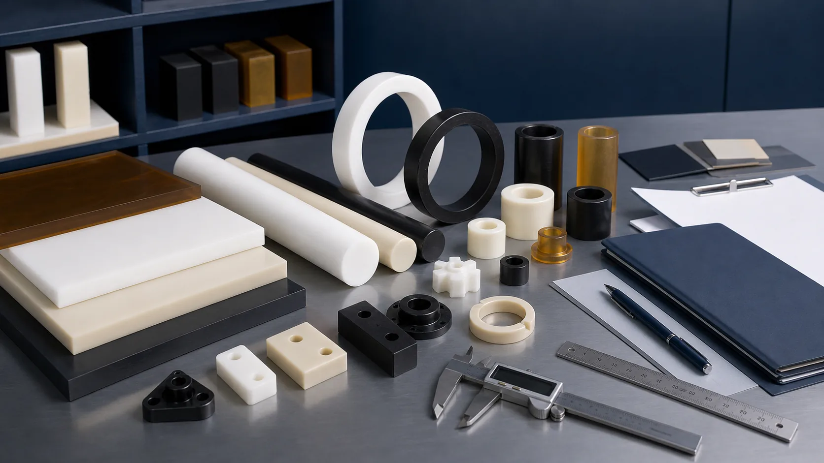 Engineering plastic sheets rods tubes and machined sample parts arranged in a clean material library setting