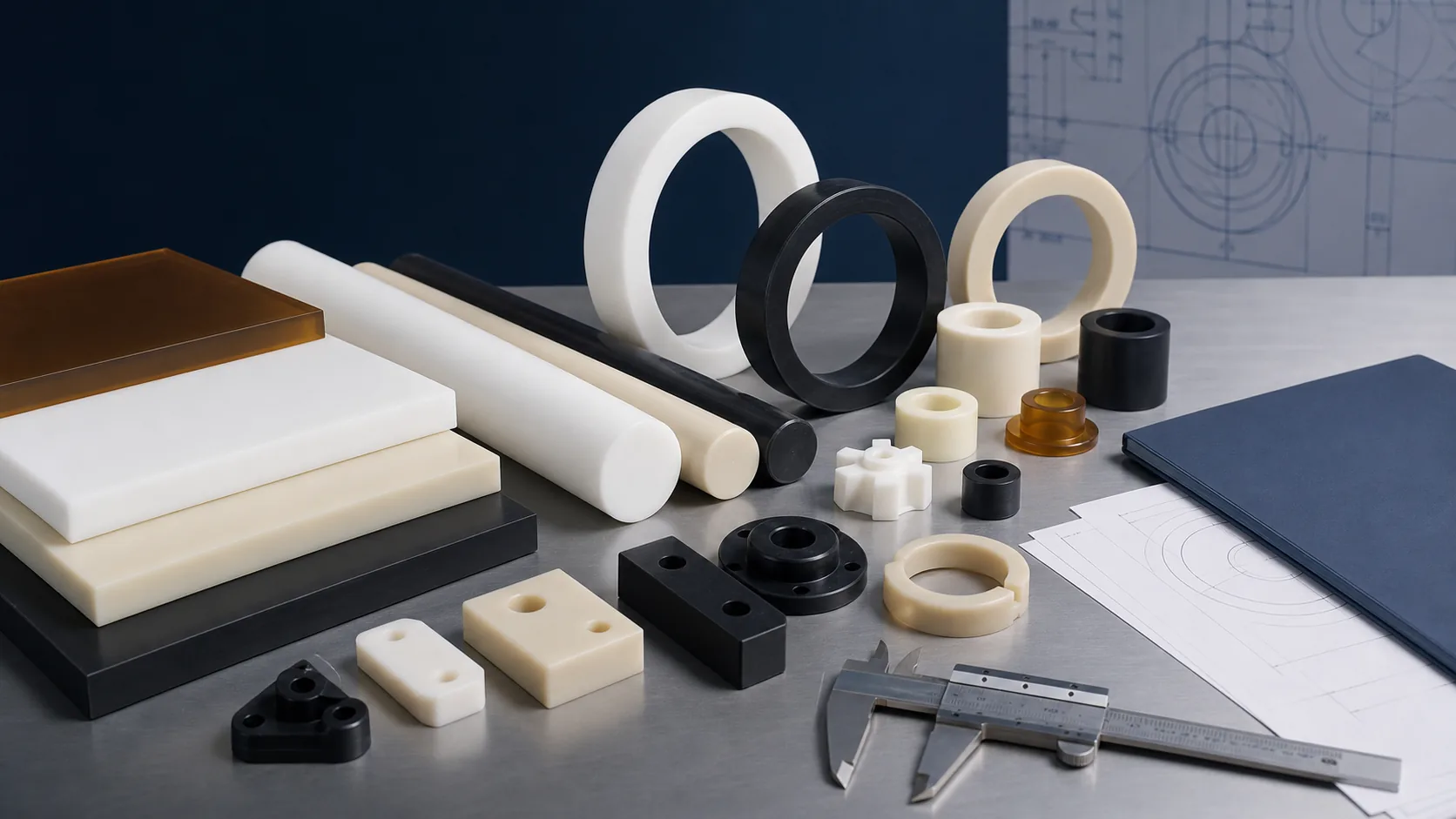 Engineering plastic rods sheets and machined sample parts arranged with drawings and a caliper