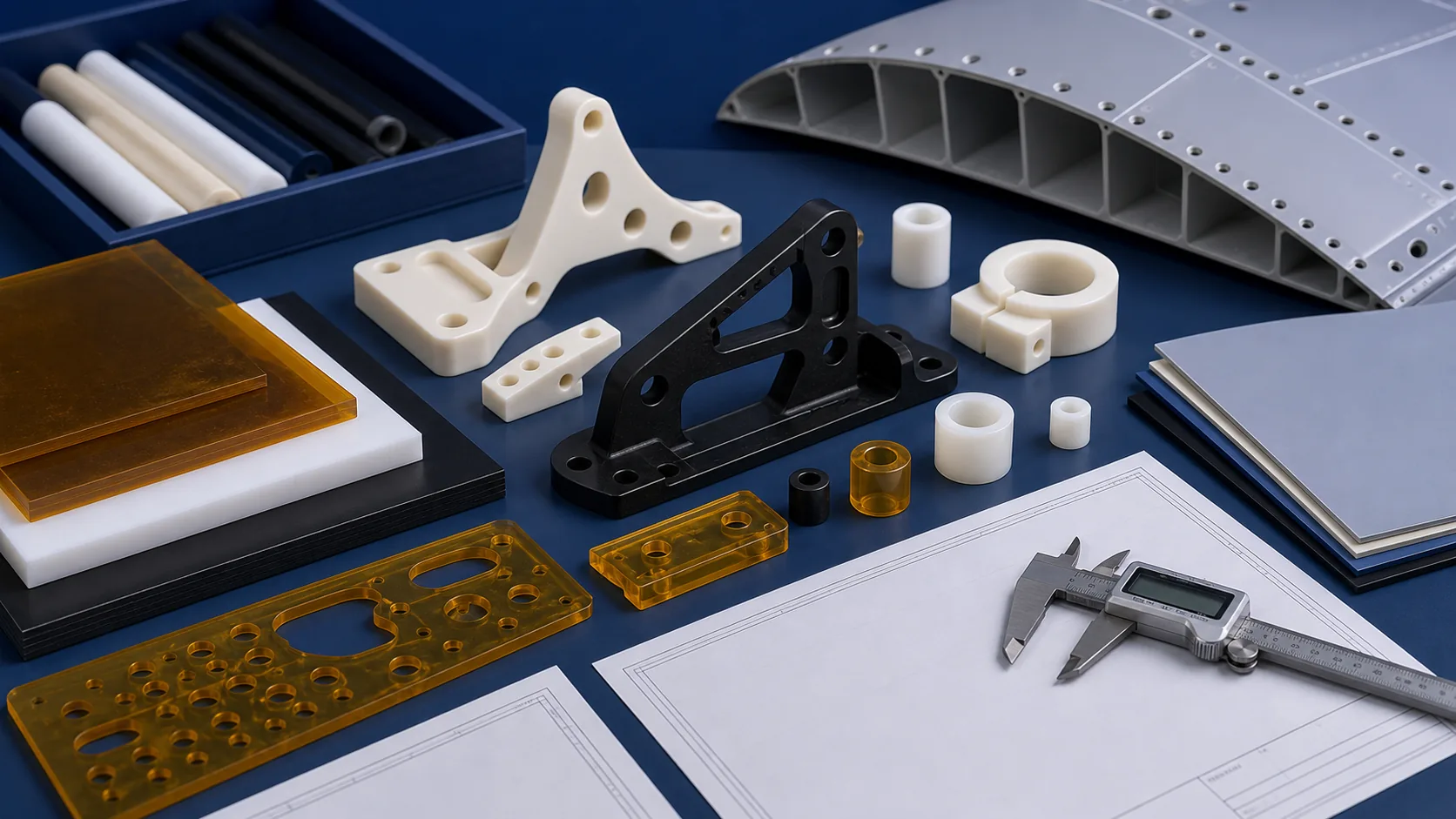 Lightweight aerospace engineering plastic parts and blank drawings on a blue gray technical desk