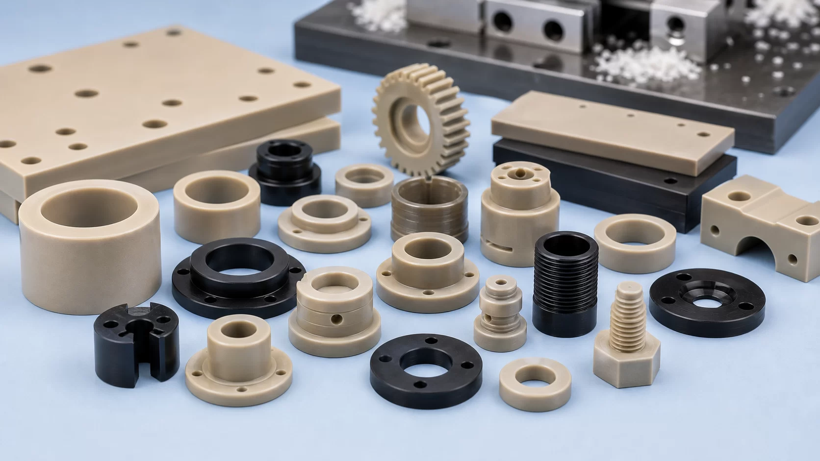 CNC machined plastic bushings rollers plates rings gears and milled blocks on a clean blue background