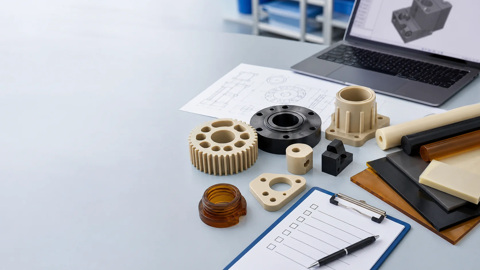 Engineering plastic parts with drawing review documents and RFQ checklist on a clean blue work surface