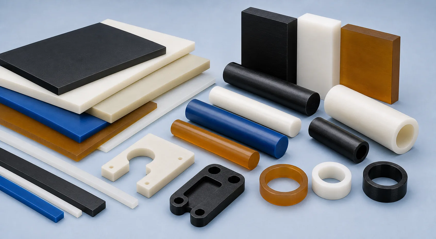 Custom cut plastic sheets, strips, rods and tube rings arranged on a clean blue background