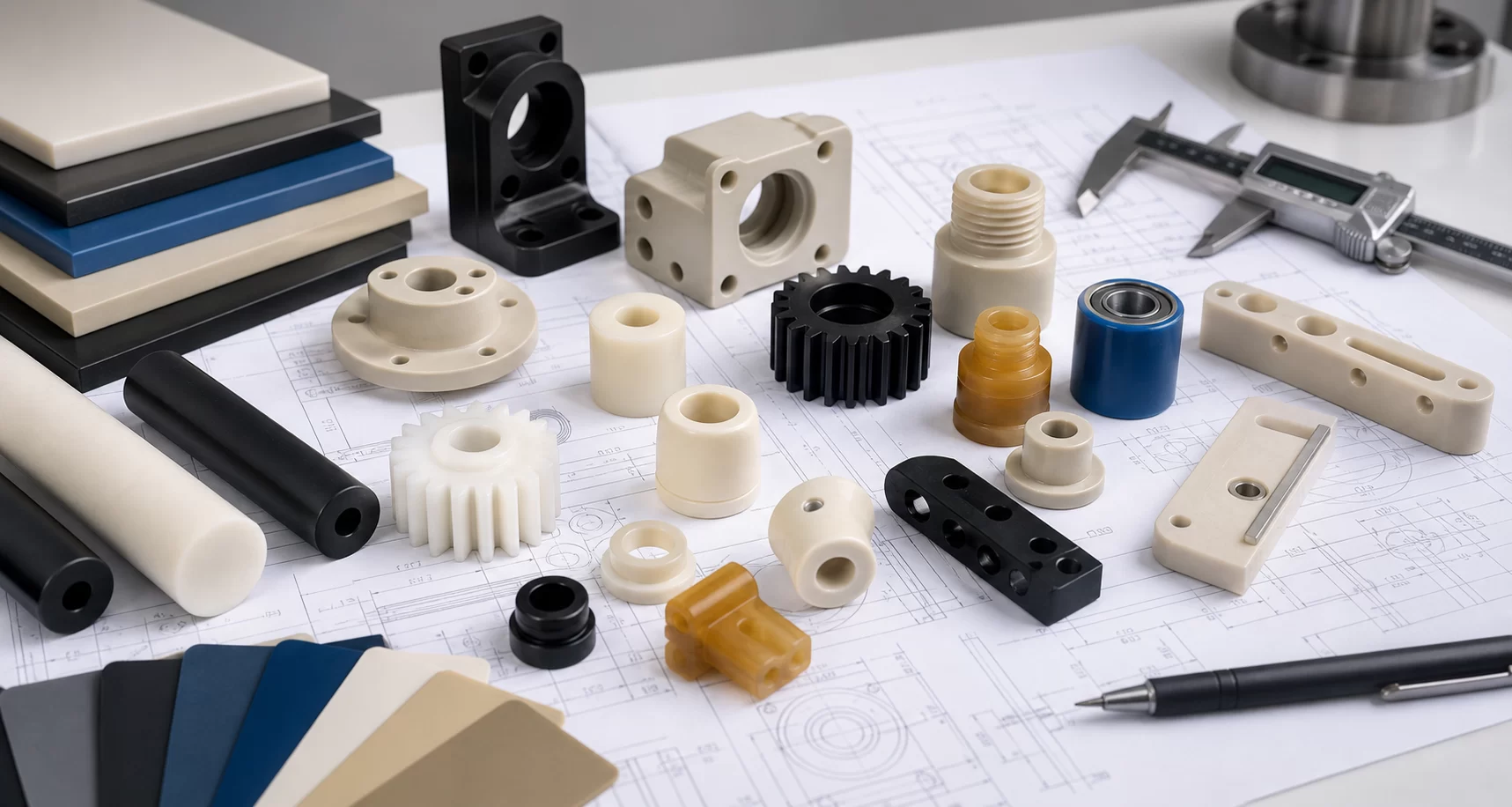 Custom plastic parts precision components drawings and material samples for RFQ review