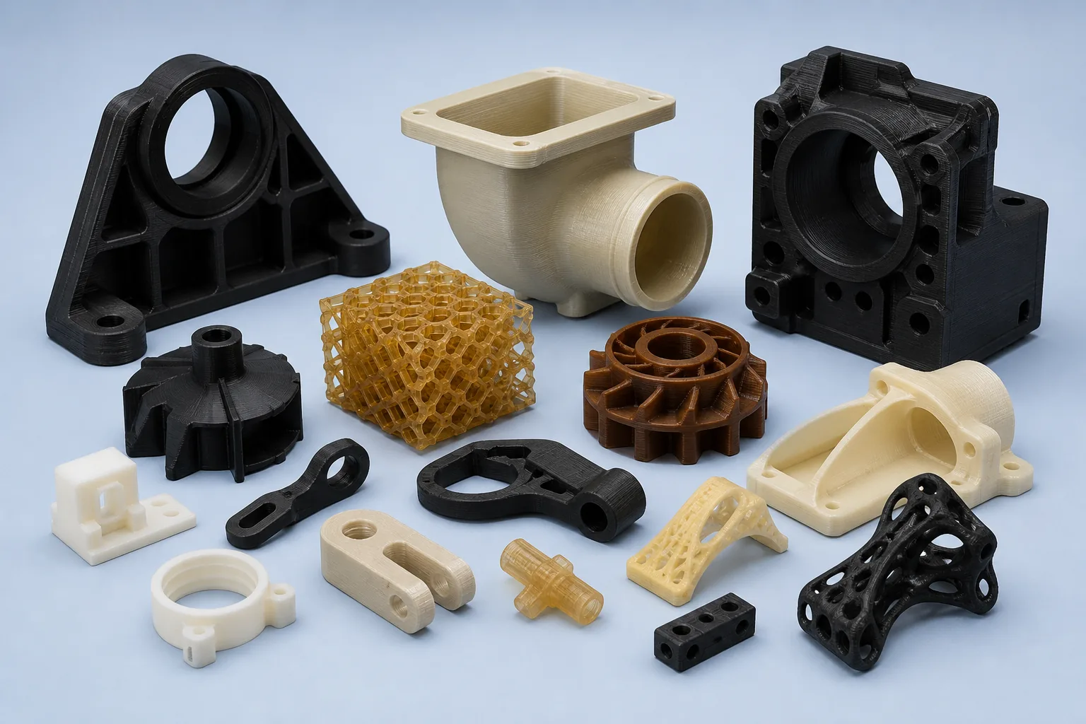 Engineering plastic 3D printed brackets, fixtures, ducts and lattice sample parts on a clean blue background