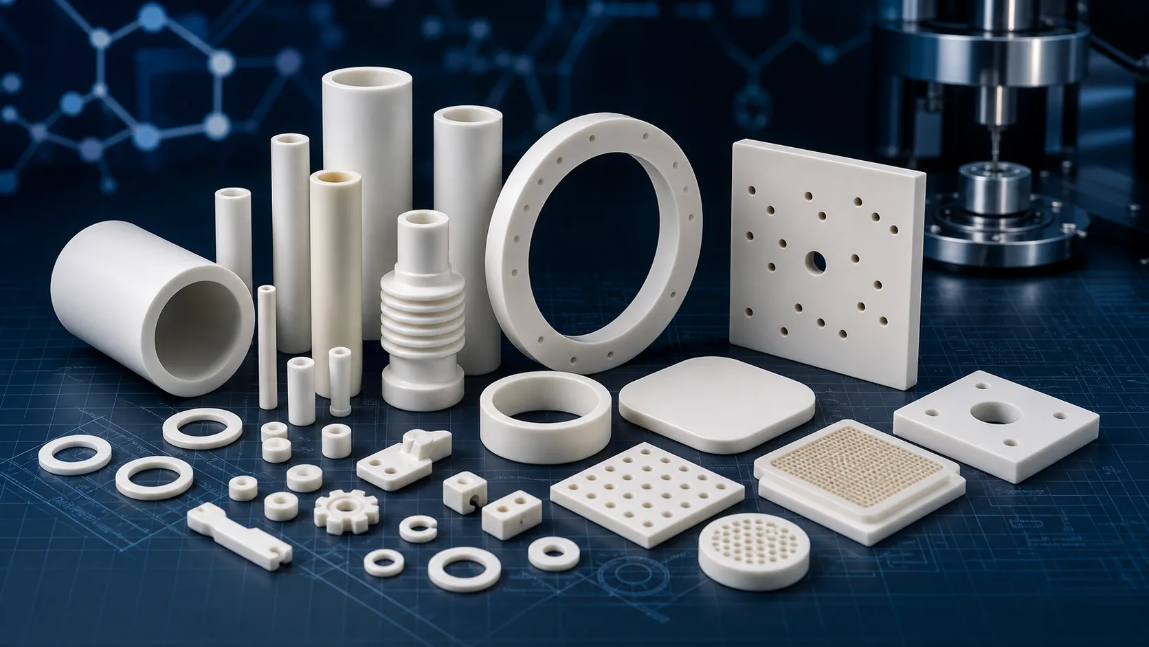Engineering plastic rods, tubes, plates and sample parts arranged on a dark blue technical background