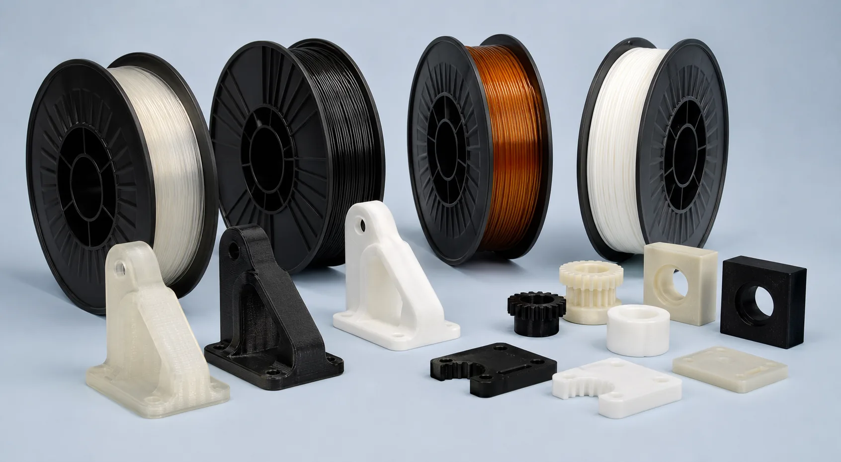 Engineering plastic filament spools with 3D printed brackets, gears and prototype parts on a clean blue background