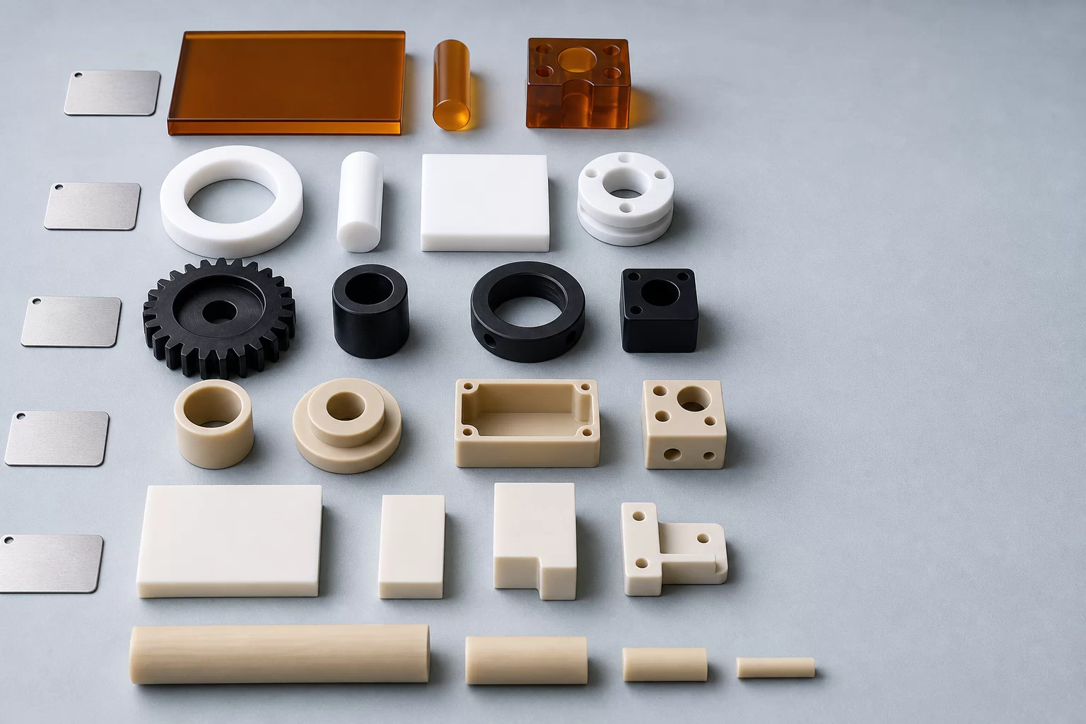 Engineering plastic samples arranged by heat chemical wear electrical and dimensional conditions