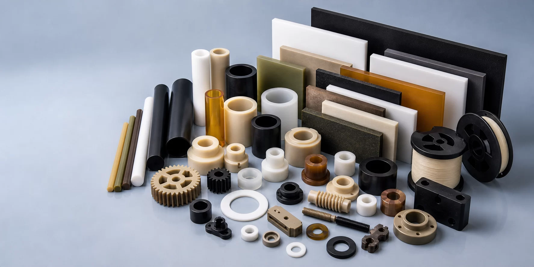 Engineering plastic products including sheets rods tubes filaments and machined plastic parts on a clean blue gray studio surface