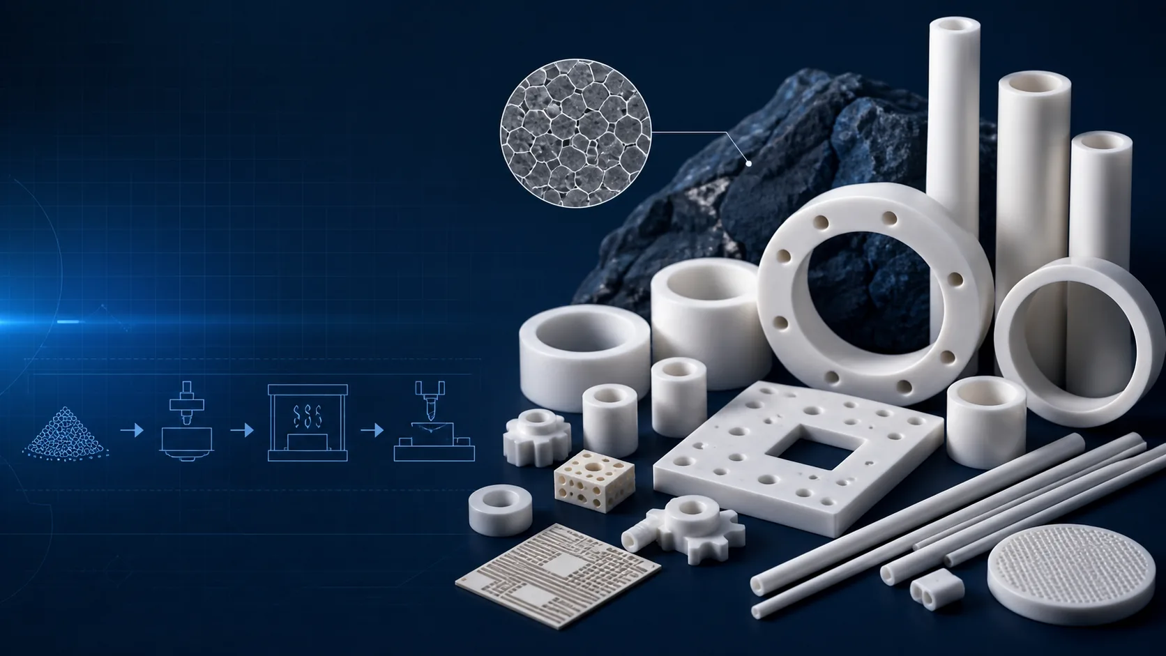 Engineering plastic rods, tubes, plates and sample parts arranged with a material analysis graphic