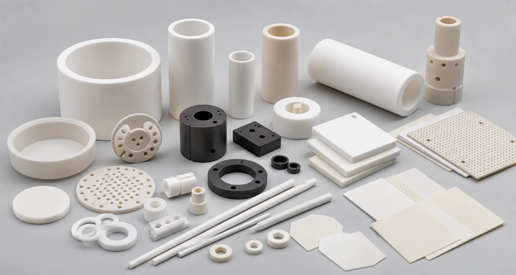 Engineering plastic sheets, rods, tubes, rings and machined samples arranged for property review