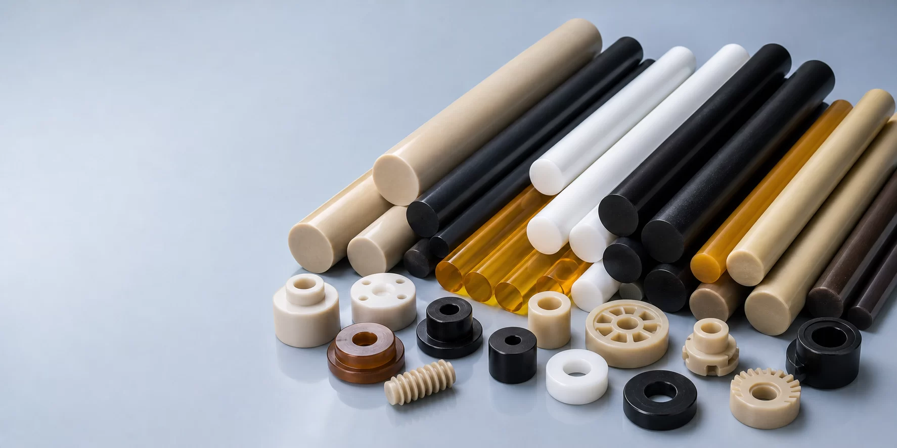 Engineering plastic rods and turned round plastic parts arranged on a clean blue gray studio surface