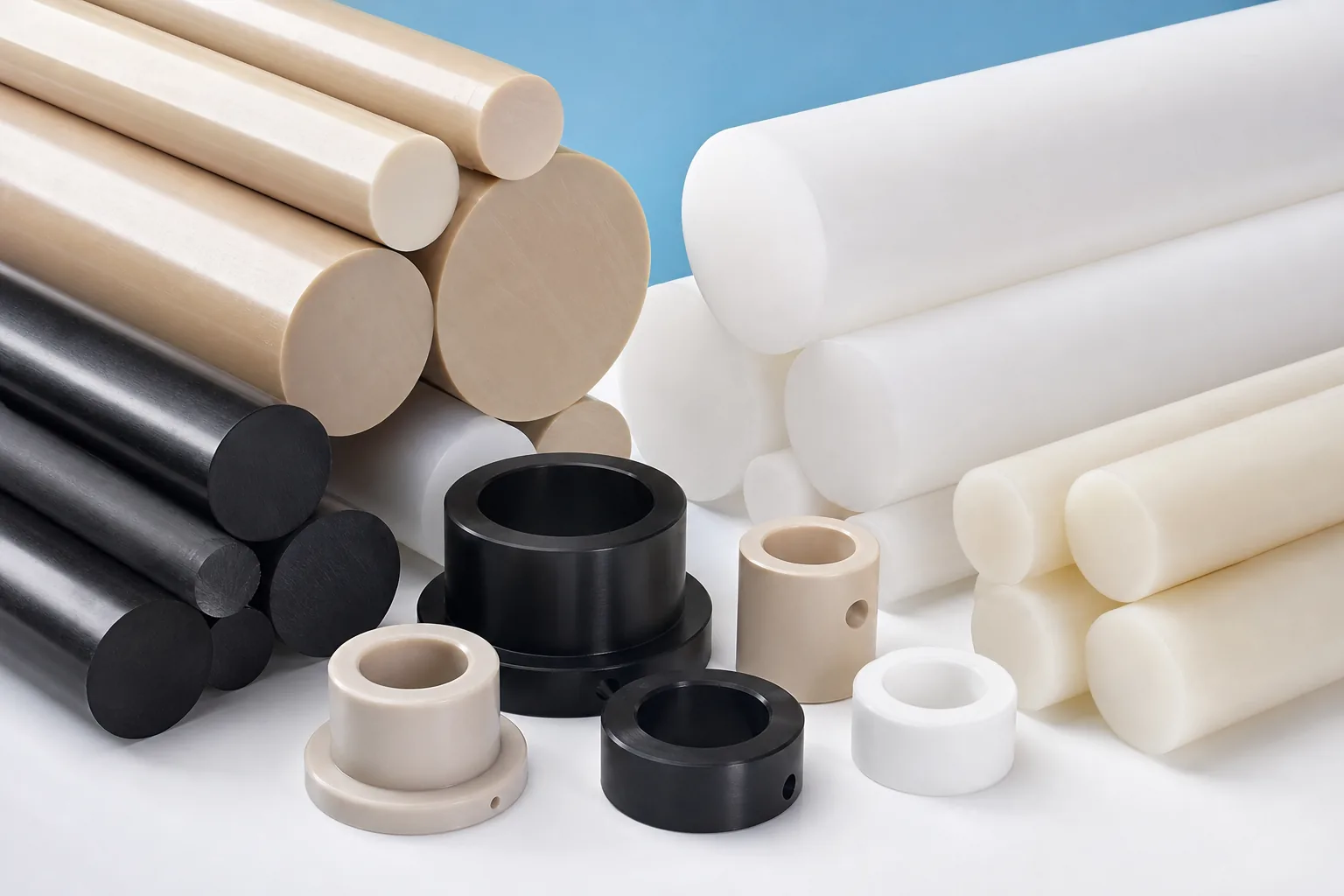 Engineering plastic rods, cut round blanks and machined bushings on a clean blue background