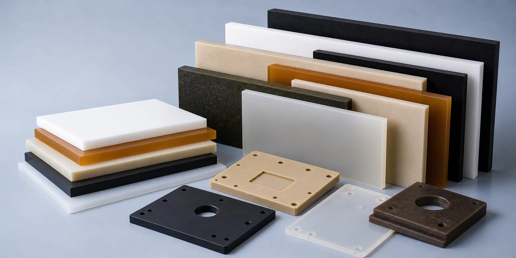 Engineering plastic sheets and machined plate blanks in different materials on a clean blue gray studio surface