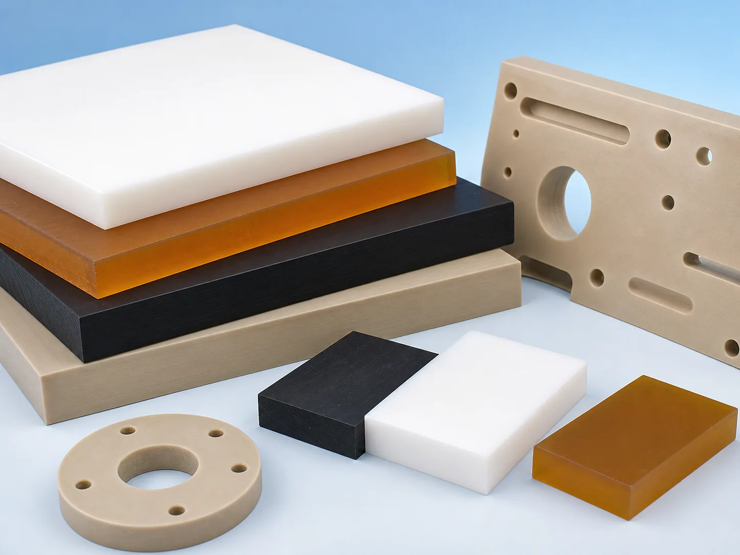 Stacked engineering plastic sheets and machined sheet panels on a clean blue background