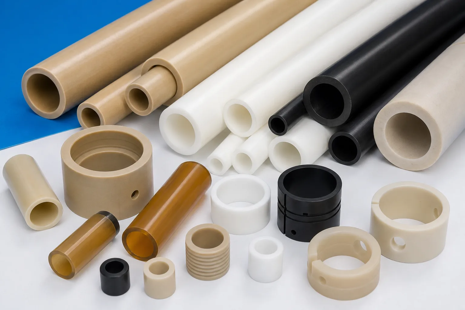 Engineering plastic tubes, hollow bar stock and machined sleeve bushings on a clean blue background