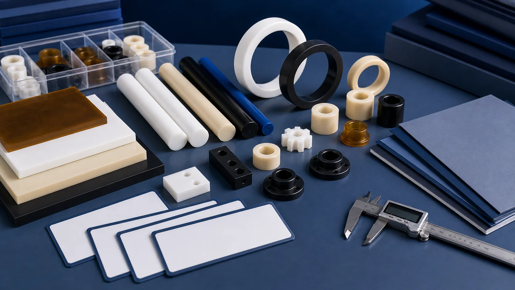 Engineering plastic samples with blank question cards and measuring tools on a blue gray desk