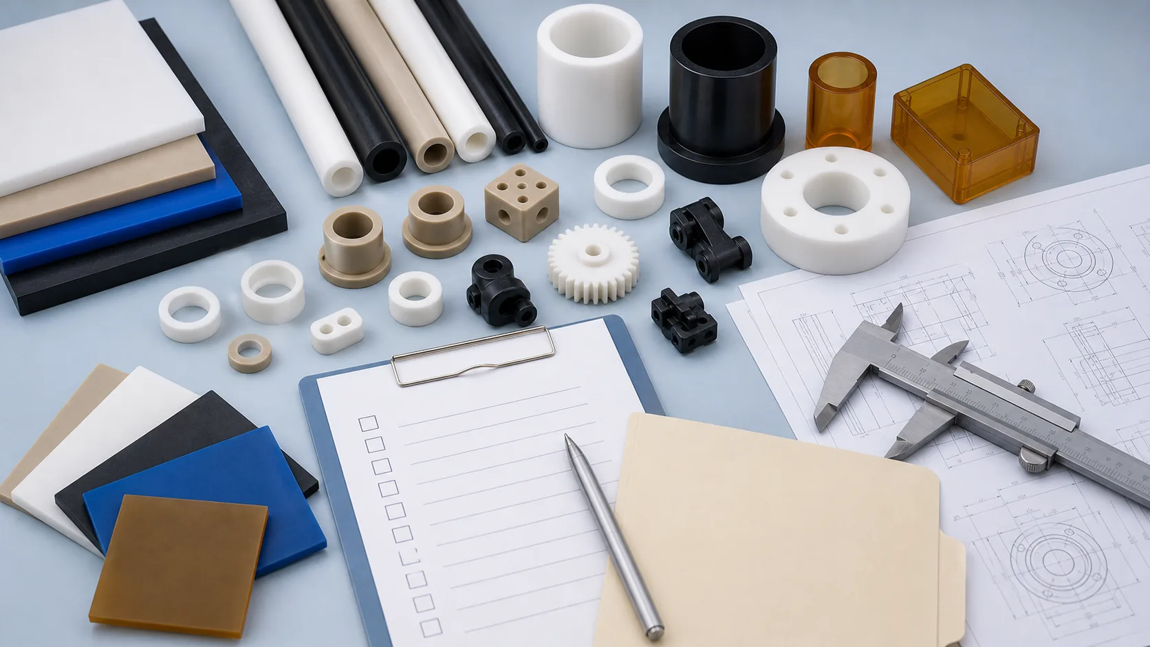Engineering plastic sample parts, technical drawings and checklist arranged for material guide downloads