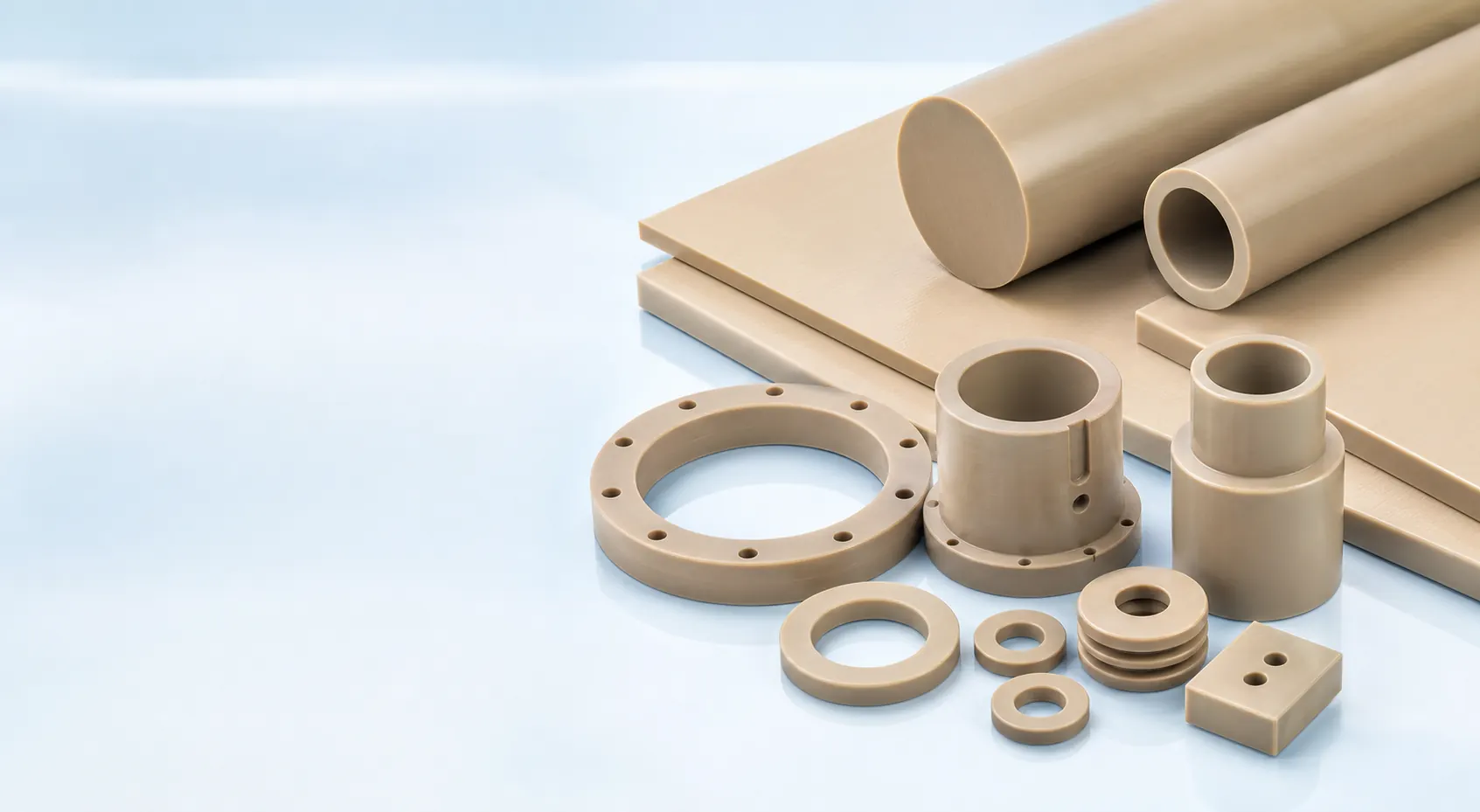 Engineering plastic sheets rods tubes and machined components arranged for product selection