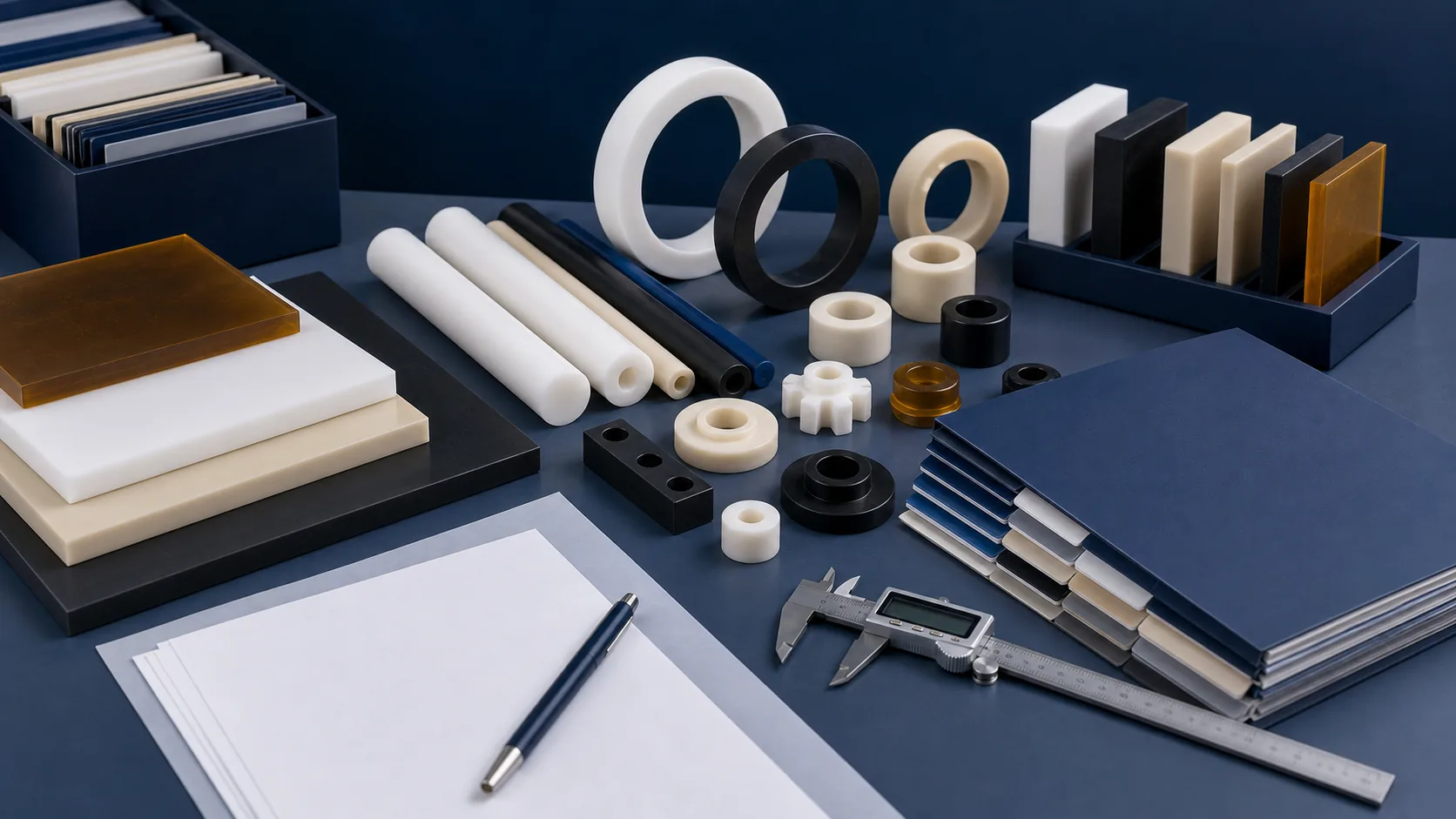 Engineering plastic samples and blank datasheet pages arranged on a blue gray resource desk