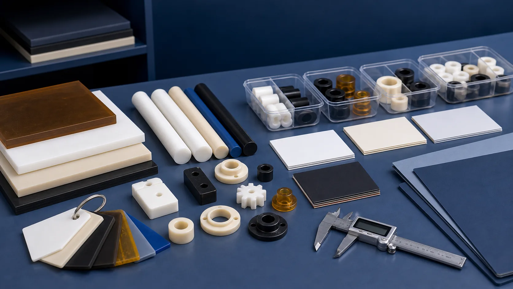 Plastic material swatches and machined components arranged with blank comparison cards