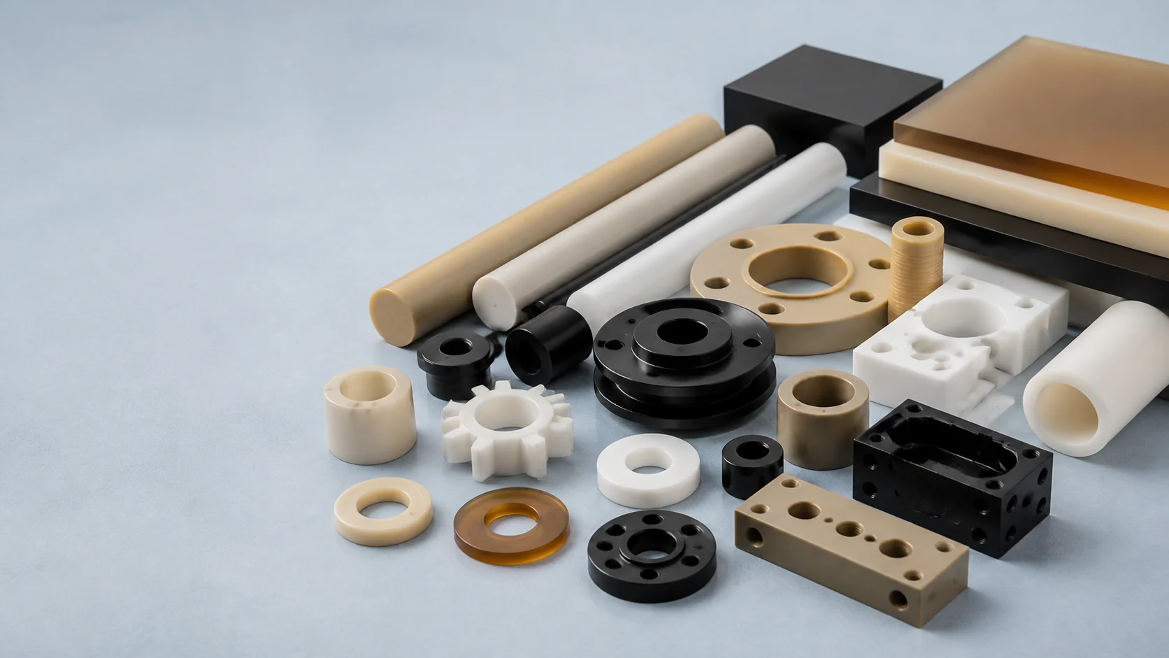 Engineering plastic stock shapes and machined components arranged as a supplier homepage hero