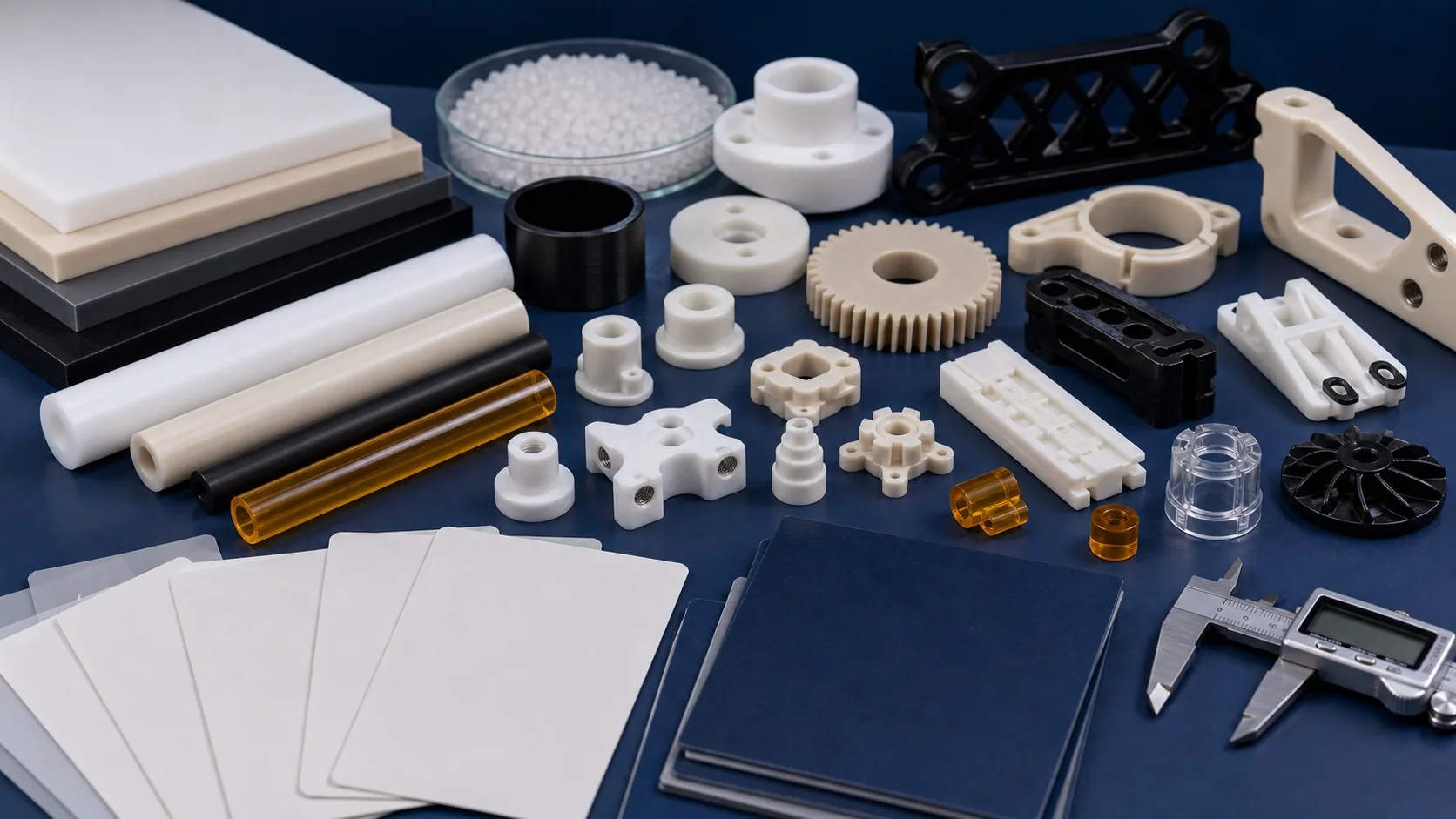Engineering plastic components and blank industry insight cards on a blue gray desk
