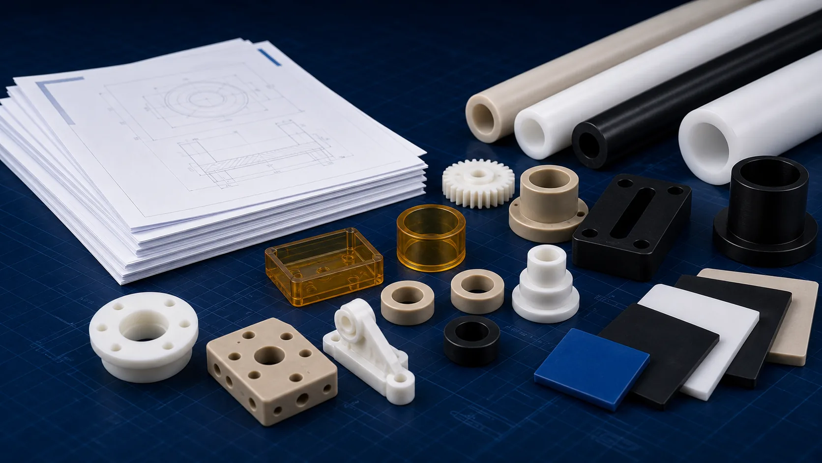 Engineering plastic samples, drawings and document stack prepared for RFQ file package review