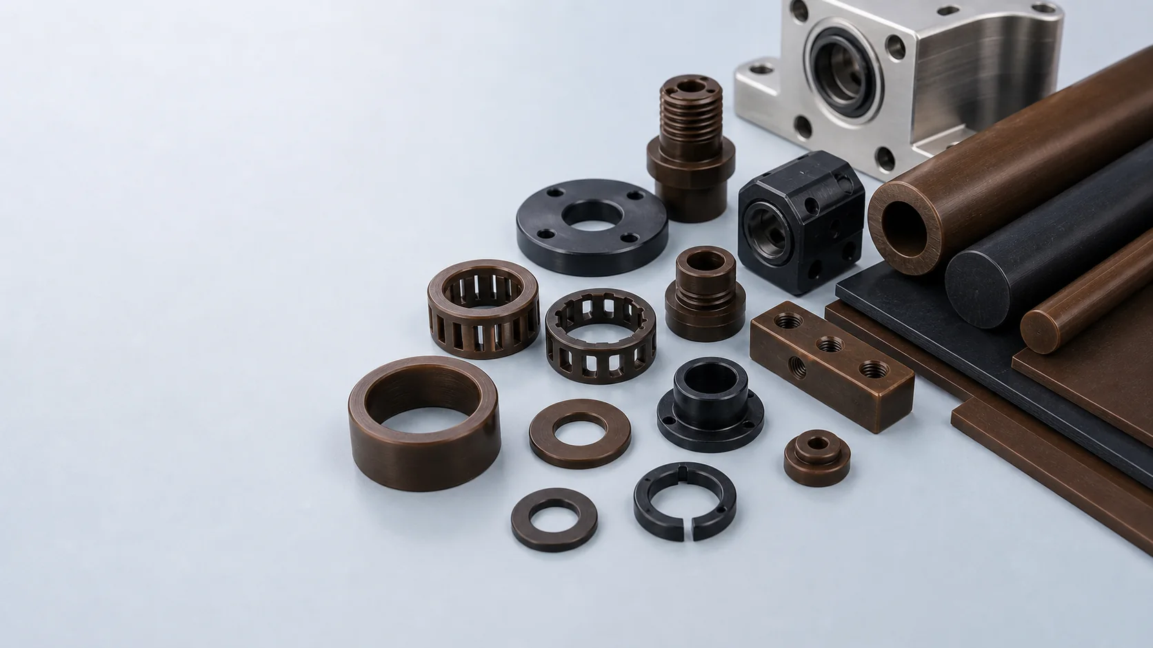 Dark brown and black PAI polyamide imide plastic rods plates bushings thrust washers seal rings rollers and machined wear parts on a clean blue gray surface