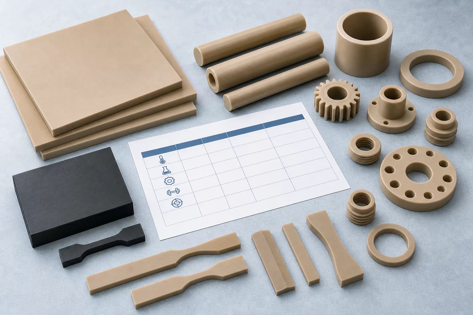 PEEK plastic samples arranged for heat chemical wear and dimensional property review