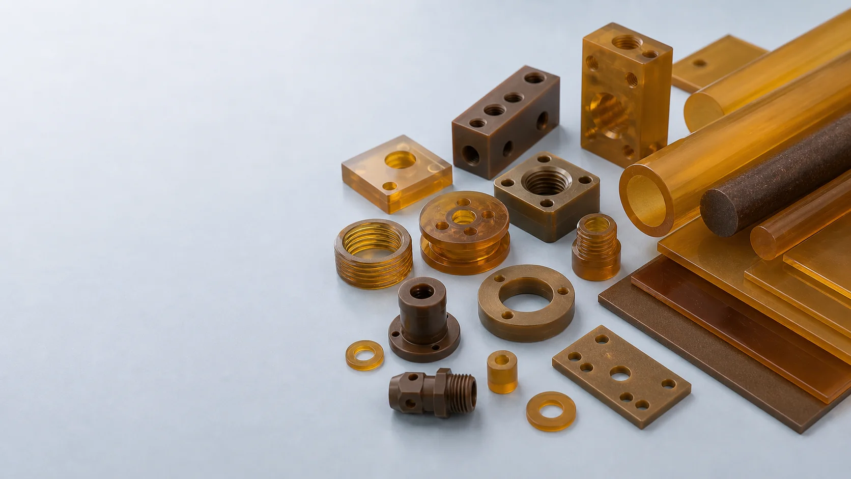 PEI polyetherimide plastic rods sheets plates insulator blocks spacers washers manifolds and machined rings on a clean blue gray surface