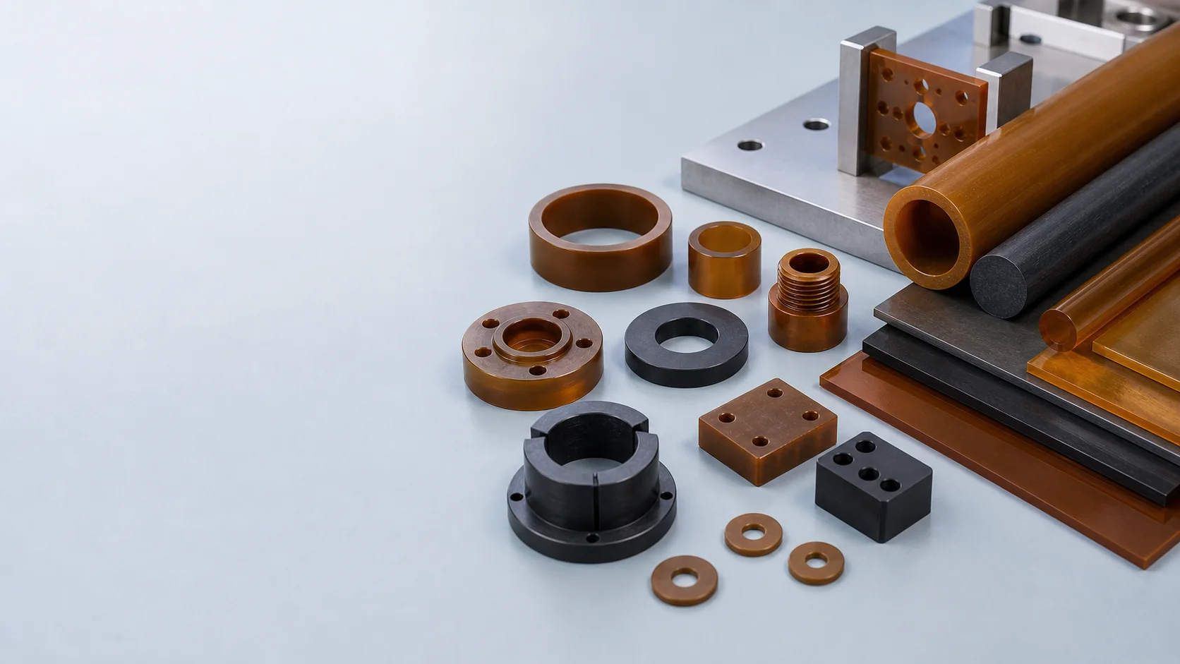 PI polyimide plastic rods sheets bushings washers spacers and machined rings on a clean blue gray surface