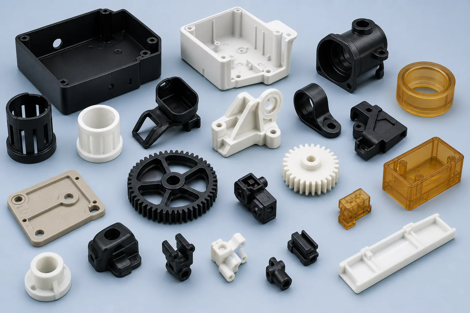 Custom injection molded plastic housings, gears, clips and brackets on a clean blue background