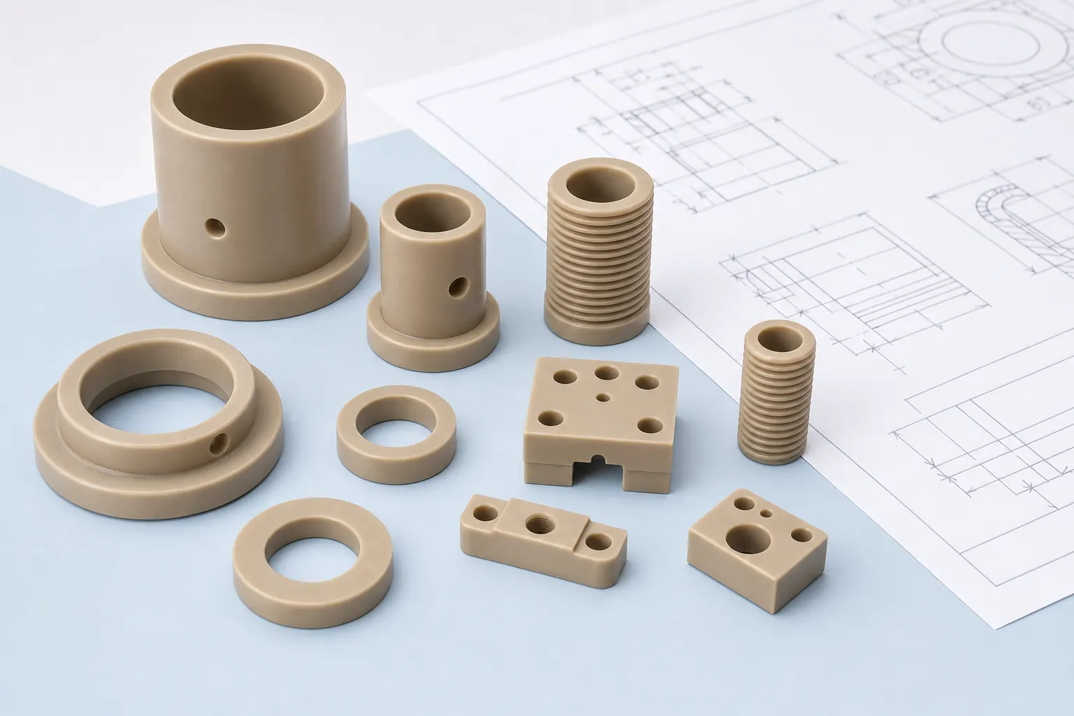 Engineering plastic parts prepared for CNC machining manufacturing review