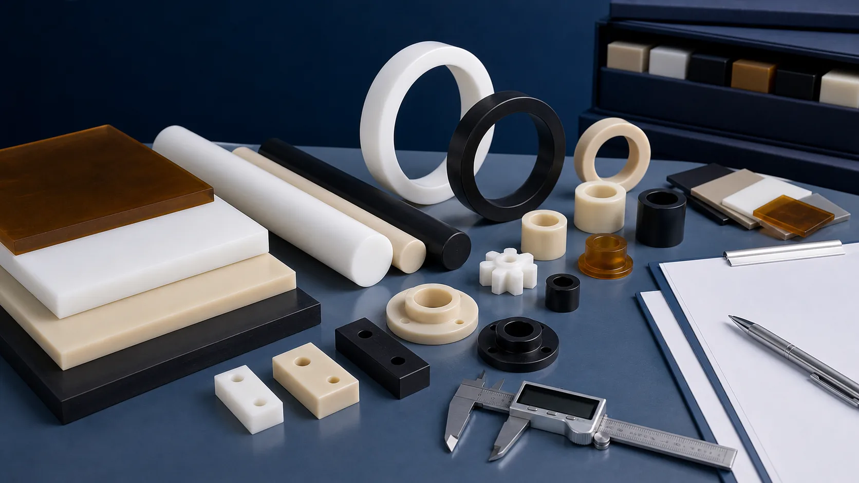 Engineering plastic samples with a caliper and blank inspection paperwork on a blue gray desk