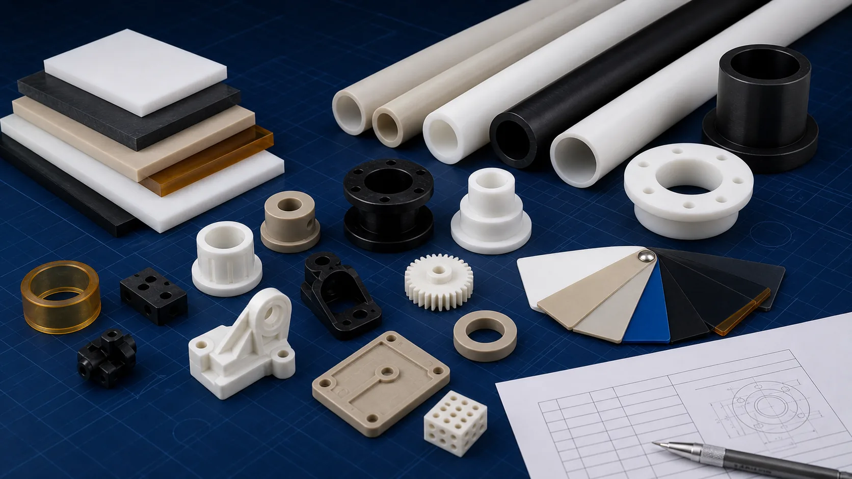 Engineering plastic rods, tubes, sheet samples and machined parts arranged on a blue technical drawing surface