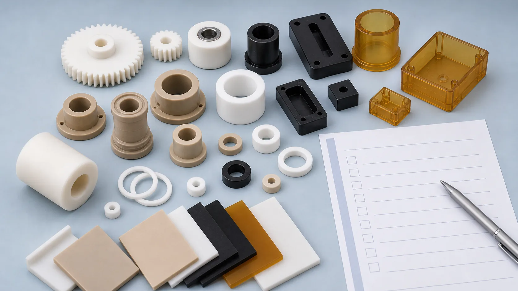Engineering plastic sample parts, sheets and checklist arranged for material selection