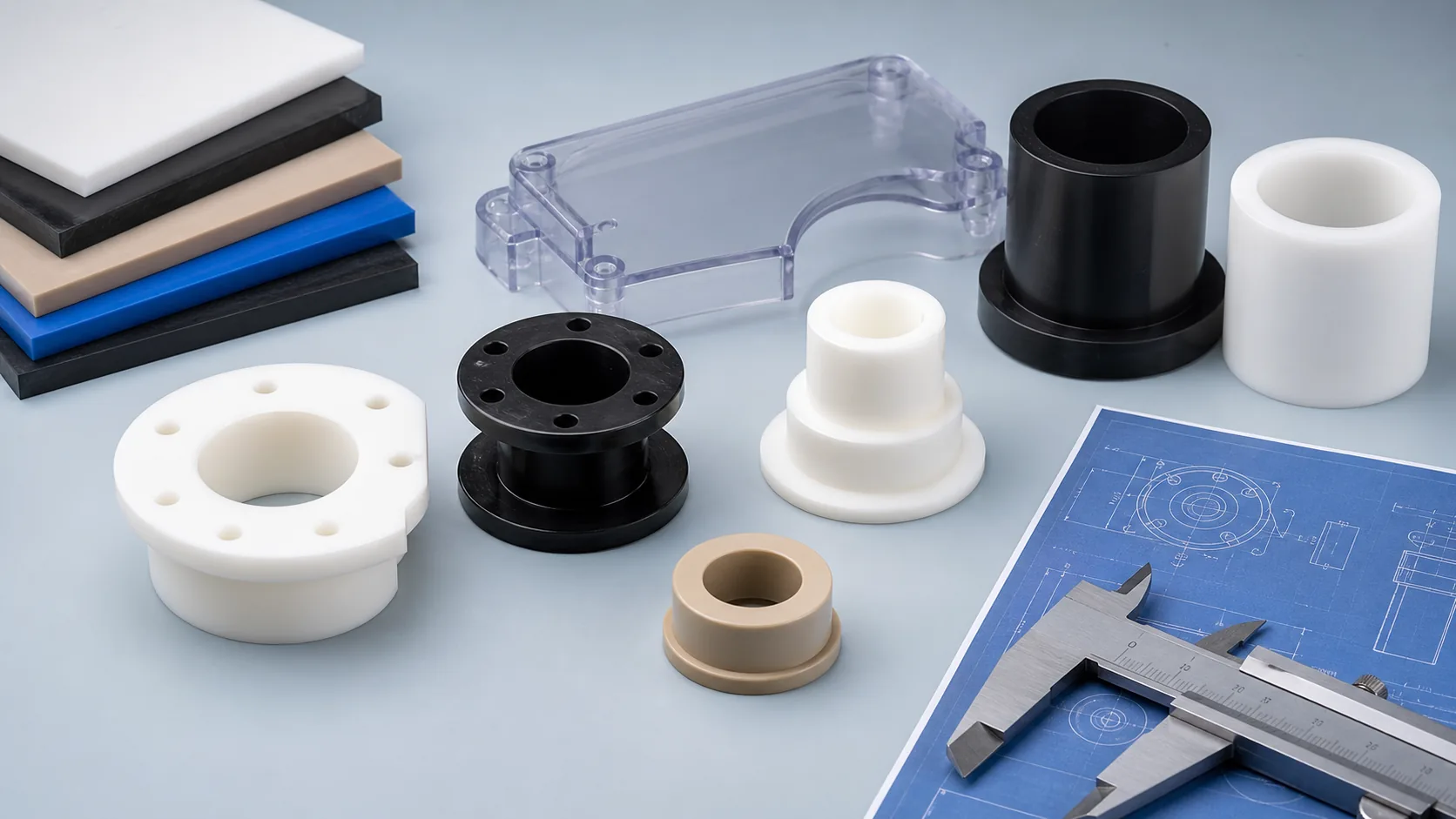 Engineering plastic sample parts, plastic sheet stock, a blue drawing and a caliper arranged for design review