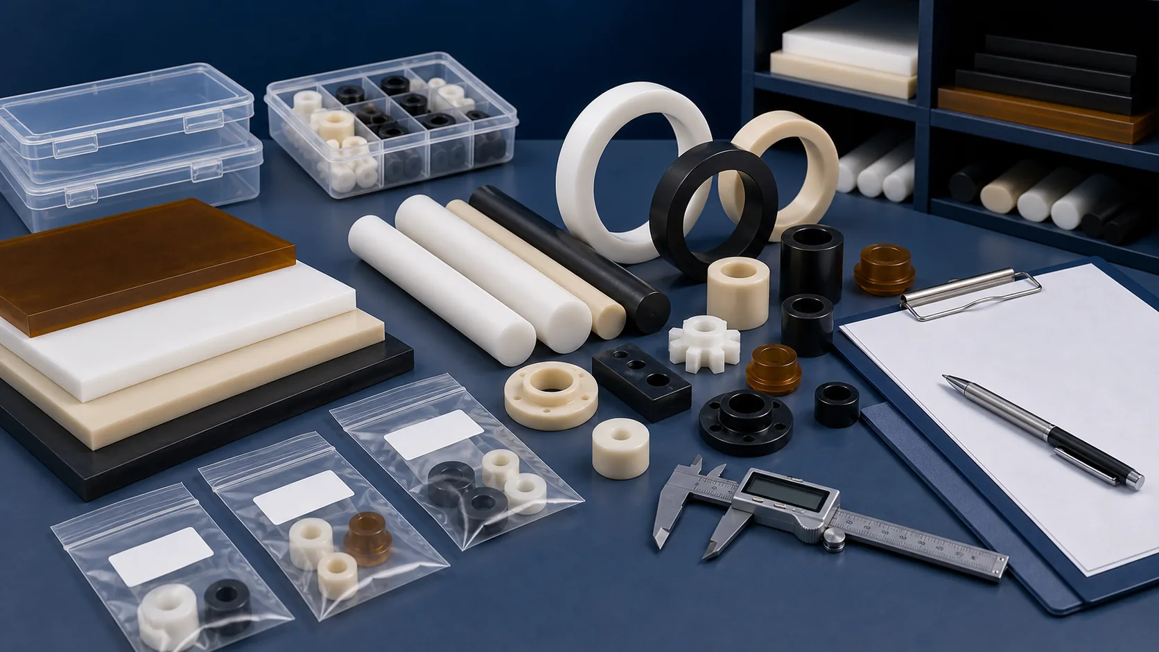 Engineering plastic rods sheets and small machined parts with blank sample bags and traceability paperwork