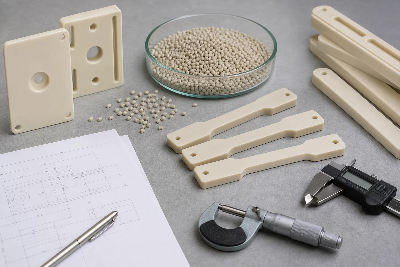 PPS plastic pellets samples and inspection tools for shrinkage and properties review