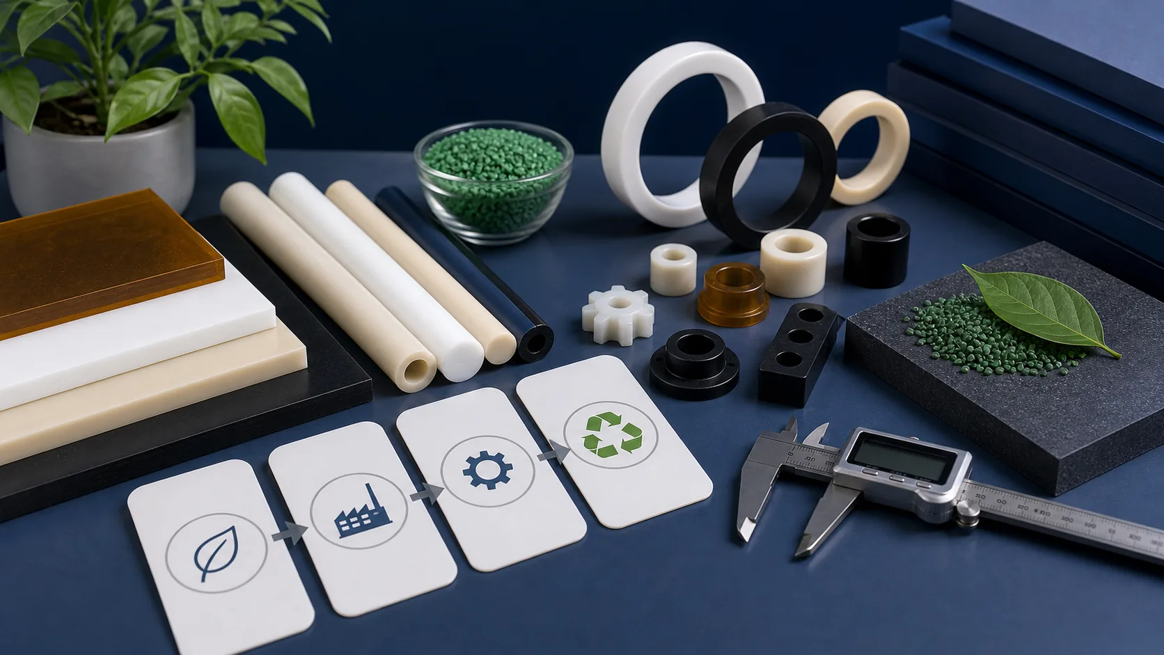 Engineering plastic stock shapes and lightweight machined parts arranged with blank lifecycle planning cards