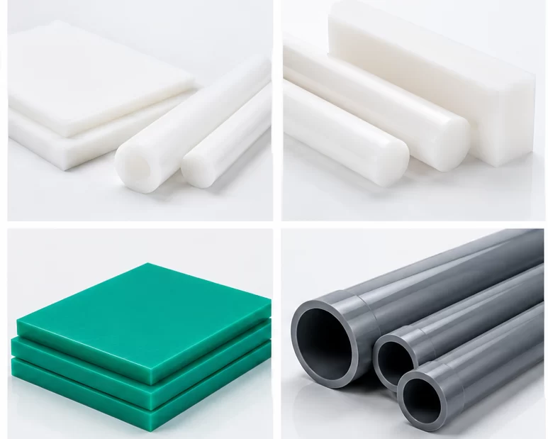 plastic rods sheets plates insulator blocks spacers washers manifolds and machined rings on a clean blue gray surface