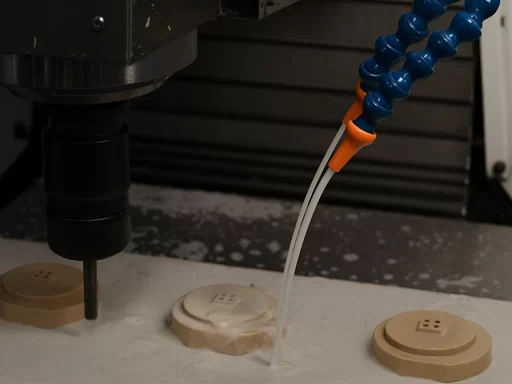 CNC drilling PEEK plastic part, drill bit machining holes on PEEK workpiece, air cooling