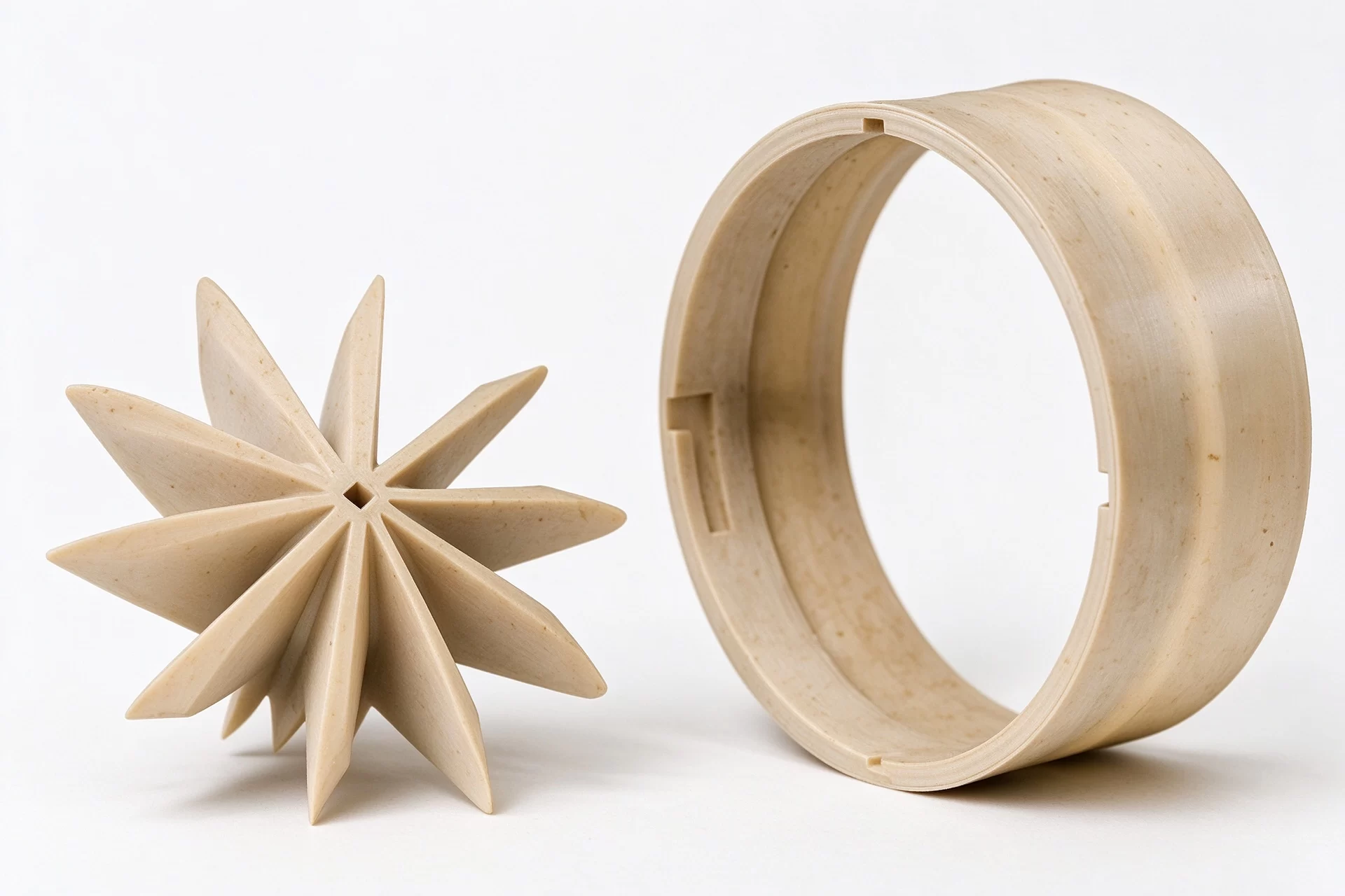 Custom PEEK 3D Printed Parts, Impeller and Ring Component High-performance PEEK 3D printed custom parts, impeller and circular ring workpiece for engineering applications