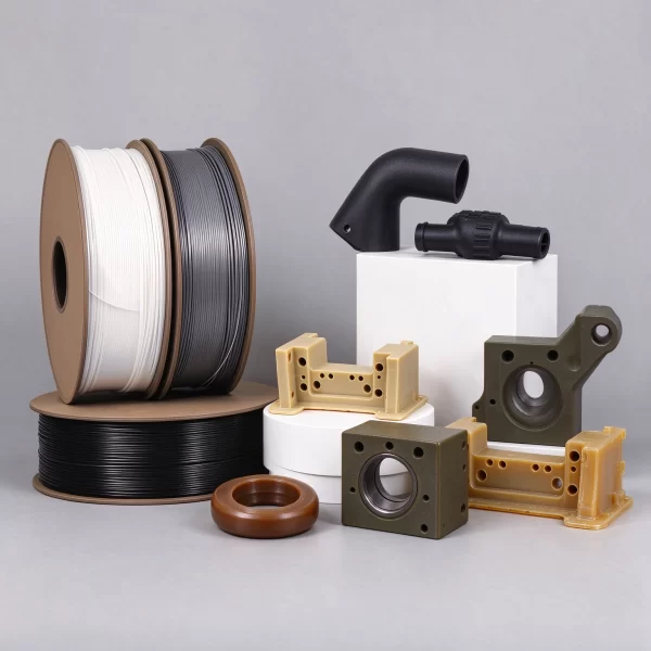 Industrial 3D-printed parts and filaments made from PEEK, PPS-CF, PI, PAI, and PEI