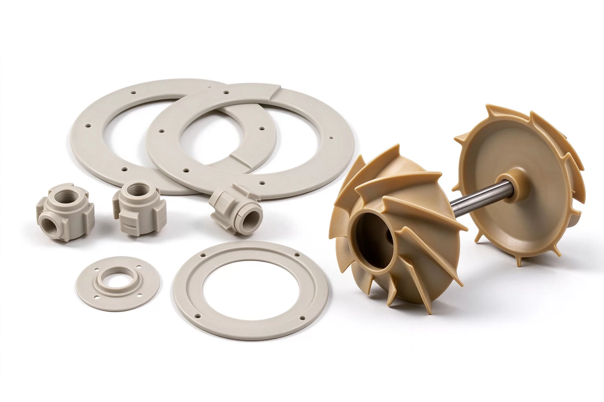 PAI & PEEK Custom CNC Machined Automotive Components, Impeller and Flange Gasket Parts Custom CNC machined PEEK and PAI automotive parts, including impeller, flange and gasket components for high temperature wear-resistant vehicle systems