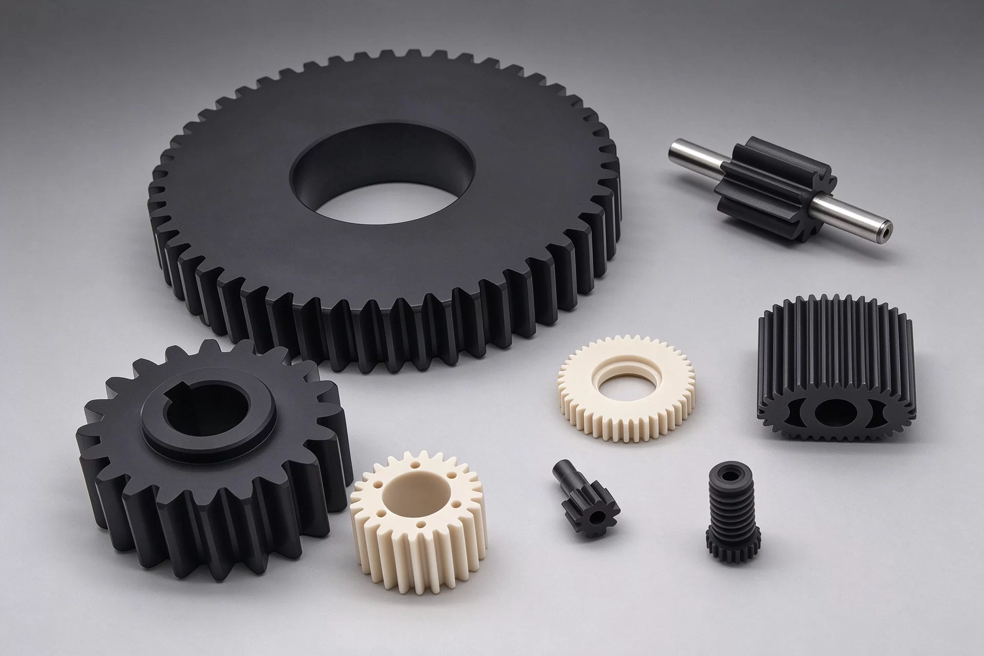 CNC machined PEEK plastic gears, spur gears and drive motion components for industrial transmission