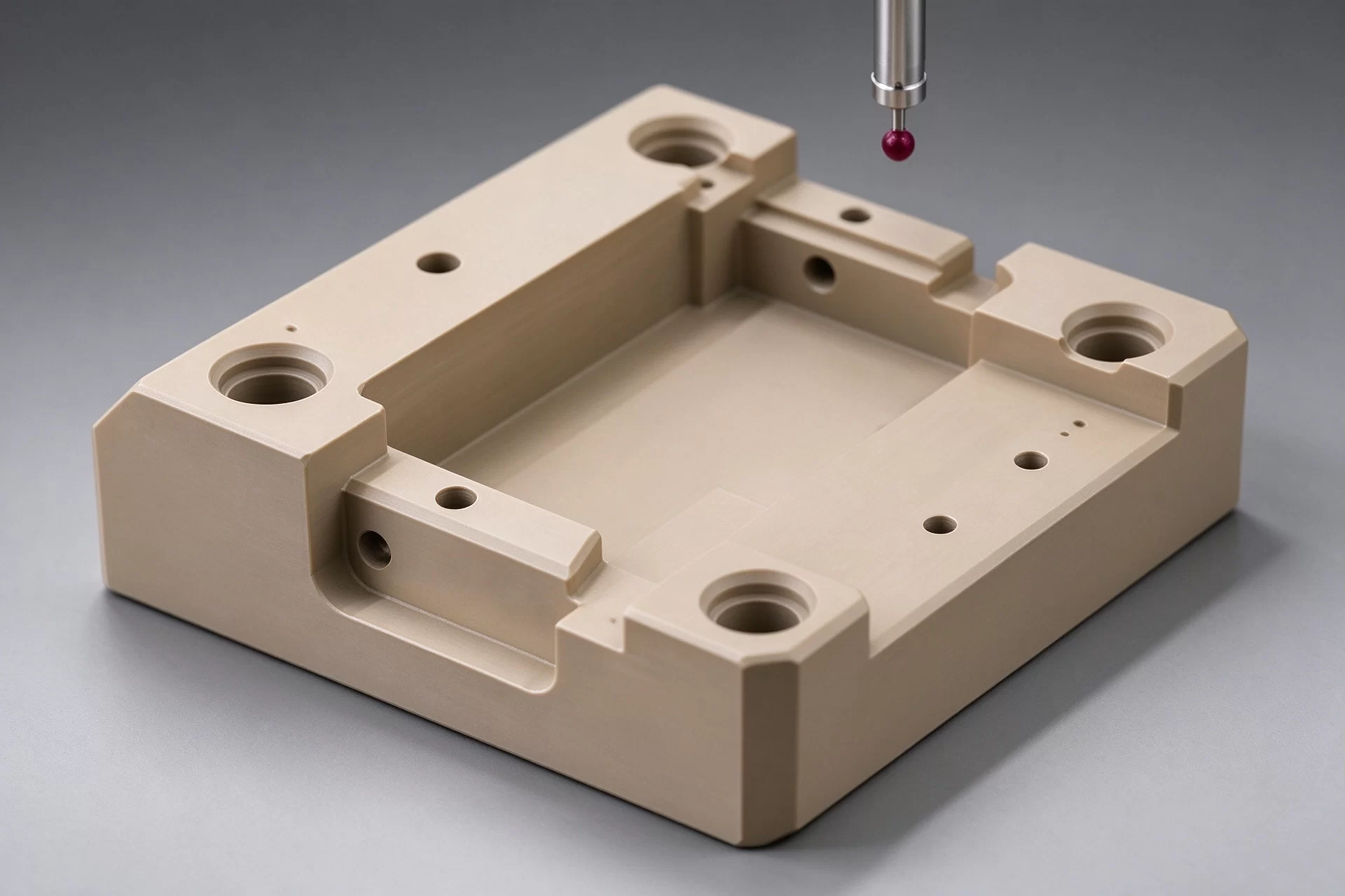 PEEK Mounting Base & Embedded Locating Fixture Block Precision CNC PEEK fixture base with datum holes, embedded positioning mounting block for automation