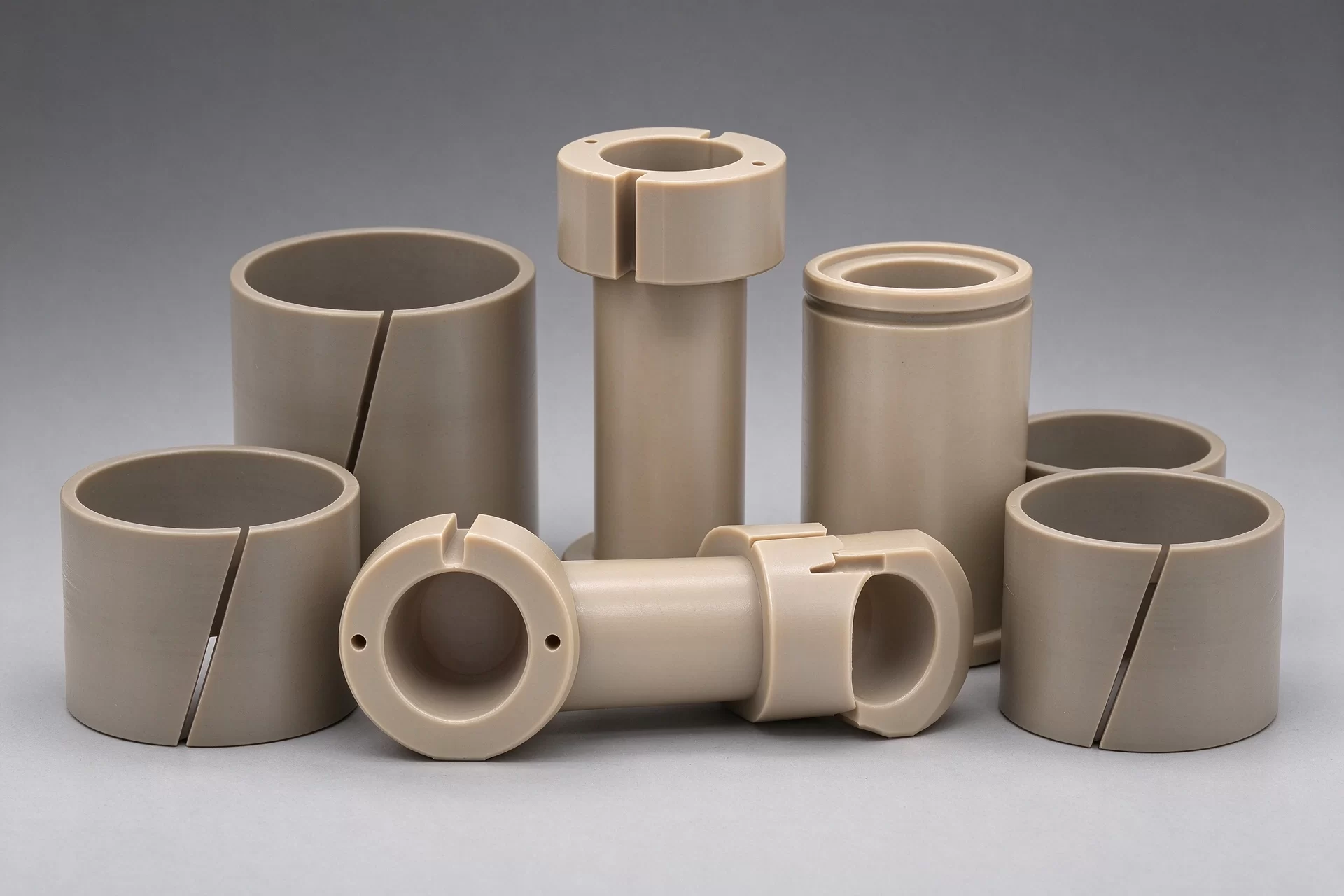 PEEK Wear Resistant Sleeve & Bushing Components CNC machined PEEK sleeve and bushing parts, including split sleeves, flanged bushings and wear-resistant structural components