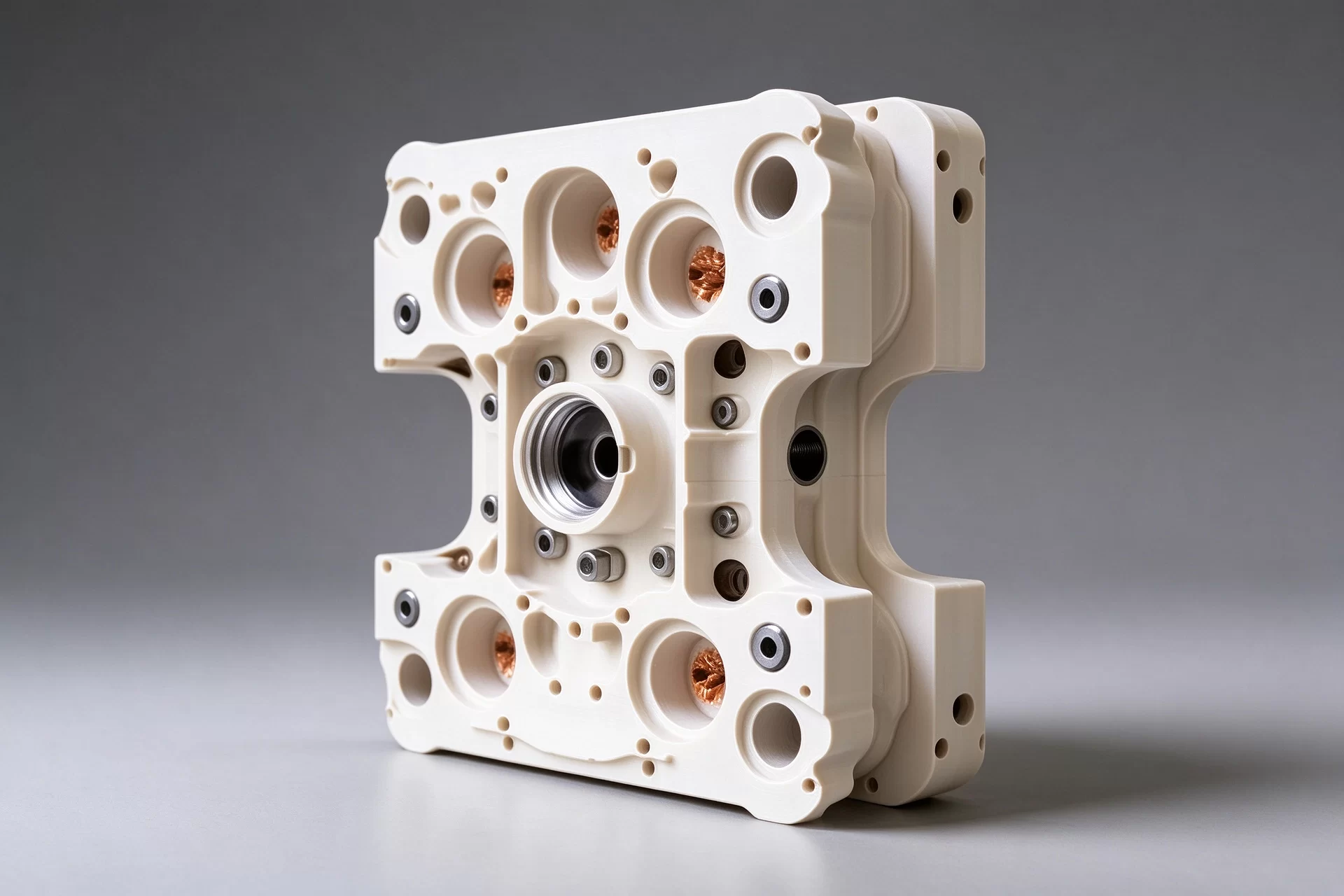 Precision CNC Machining Precision CNC machined PEEK plastic manifold plate with threaded inserts, custom high temperature plastic part
