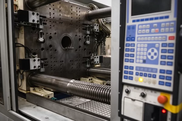 Servo Injection Unit & Clamping Platen Close-up, All-Electric Molding Machine Servo Injection Unit & Clamping Platen Close-up, All-Electric Molding Machine